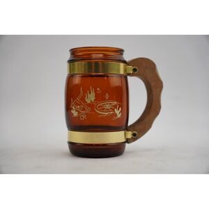 SIESTA WARE Vintage Brown Glass Wooden Handle Western Wagon Wheel Skull Mug